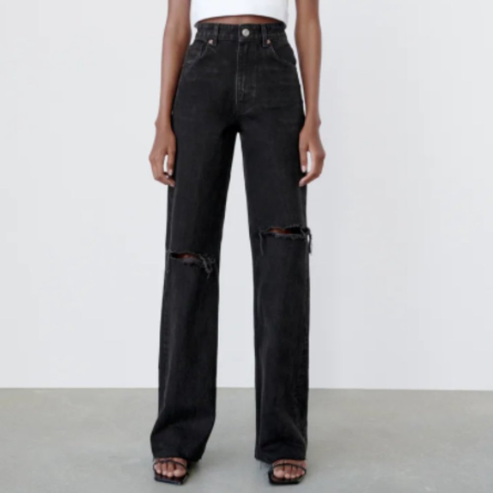 NWT Zara RIPPED WIDE LEG JEANS - 6